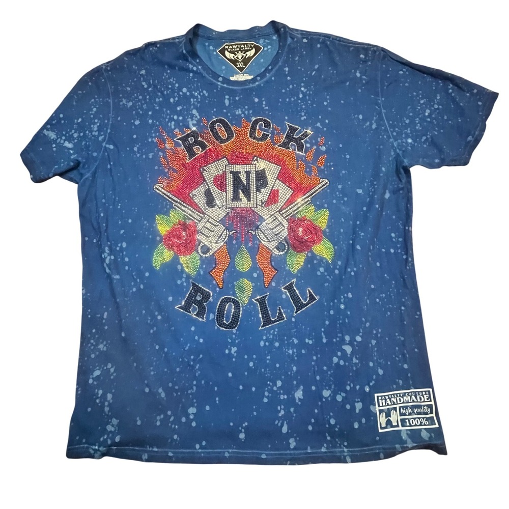 Rawyalty Black Label Mens‎ 3XL Blue Rock N Roll Rhinestone Studded T-Shirt USA